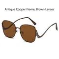 Oversized bronze metal sunglasses with tea lenses and rhinestone wavy temples - Bronze Frame Brown Lens