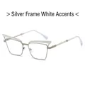 Occhiali da sole retro cat-eye in metallo argentato con barre decorative bianche - Montatura Argento Lenti Trasparenti