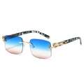 Rimless rectangular sunglasses featuring blue-pink gradient lenses and golden cheetah temples - Gold Frame Gradient Blue Pink Lens