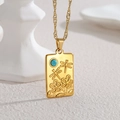 Collier vintage en acier inoxydable doré 18k avec pendentif libellule et turquoise - Plaque Rectangulaire Fleur Libellule