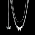 Set di collane a strati in argento con farfalla e catena a maglia barbazzale - Doppio Strato / Farfalla d'argento