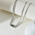 Collier double couche en acier titane argenté avec pendentif pierre noire rectangulaire - 36+6cm / Collier en Zircone Noire (Chaîne Argentée)