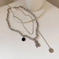 Double-layered titanium steel necklace with teddy bear, smiley face, and black round charms - Double Layered Bear Pendant Style