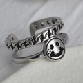 Anello vintage in argento a doppio strato con catena e ciondolo smiley regolabile - Stile Doppia Layer Faccina Sorridente (R551)