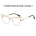 Vintage cat-eye metal sunglasses in gold frame with clear lenses and rivet details - Gold Frame White Lens
