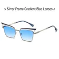Vintage silver metal cat-eye sunglasses with blue gradient lenses for a stylish look - Silver Frame Gradient Blue Lens