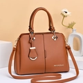 Brown lychee grain PU leather tote bag with gold logo and detachable shoulder strap - Earthy Yellow