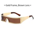 Lunettes de soleil futuristes avec monture dorée et verres marron au design d'une pièce - Monture Dorée Verres Ambrés