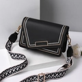 Black PU leather square crossbody bag with embroidered wide strap and wavy stitching - Black