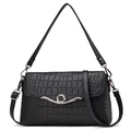 Minimalist black crossbody bag with crocodile embossed leather and silver diamond buckle - Black
