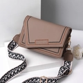 Brown PU leather crossbody square bag with wavy stitching and wide patterned fabric strap - Brown