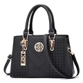 Black lychee texture tote bag with V-shaped stitching and gold metal hardware charms - Black