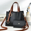 Litchi pattern black and brown tote bag set with matching zipper pouch and gold hardware - Black