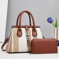 Fashion 2-piece tote bag and wallet set in beige canvas with brown stripes - White
