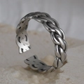 Vintage braided silver titanium steel open ring with textured weaving and antique finish - Triple Strand Braided Style (R556)