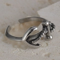 Vintage anchor and rope steel open ring with distressed silver finish on natural stone - Anchor & Rope Nautical Style (R561)