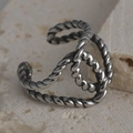 Vintage oxidized silver open ring featuring a braided rope texture and hollow design - Twisted Rope Hollow Interwoven Style (R568)