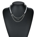 Collana in acciaio al titanio con perle e doppio cuore, catene argentate multistrato - Collana