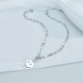 Detail of silver stainless steel paperclip necklace with a hollow smiley face pendant - Silver