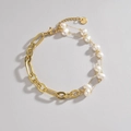 Bracciale asimmetrico in acciaio inossidabile placcato oro 14K con doppia fila di perle - Bracciale di perle a doppio strato