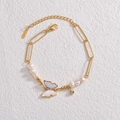 Bracciale a farfalla placcato oro 14K stile francese con perle e cristalli su fondo pietra - Bracciale Di Perle Con Ciondolo A Farfalla / Oro