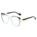 Lunettes de soleil carrées chic noir et blanc avec accents métalliques dorés aux tempes - Monture Blanche Verres Transparents
