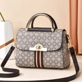 Retro shoulder bag with geometric pattern, red-green webbing, and metal handle - Coffee