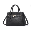 Elegante borsa a mano nera a motivo coccodrillo con lucchetto dorato e manici superiori - Stampa coccodrillo nera