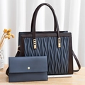 Navy blue and brown quilted tote bag set with matching wallet and gold hardware - Blue With Wallet