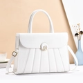 Elegant white striped textured large tote bag with gold buckle and top handle - White