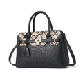 Women's black faux crocodile tote bag with snakeskin patchwork and golden hardware - Black & Beige Snake Patchwork