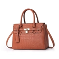 Brown crocodile embossed tote bag with golden lock and adjustable shoulder strap - Brown Crocodile Grain
