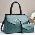 Two-piece dark teal faux leather handbag set with contrast brown handles and silver horse bit - Green Vintage Texture