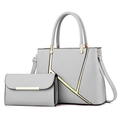 Ensemble sac à main gris en similicuir avec détails dorés et petit portefeuille assorti - Gris foncé