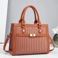 Brown leather handbag with vertical textures, top handle and adjustable shoulder strap - 28x11x21cm / Brown