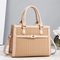 Striped拼接 tote bag with pleat texture, golden lock and detachable shoulder strap - 28x11x21cm / Khaki