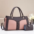 Pink and brown contrast color tote bag with card holder in lychee grain leather - Pink