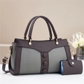 Retro two-piece handbag set with grey lychee texture and brown PU leather panels - Gray