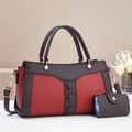 Red and dark brown textured leather tote bag with pearl accents and small coin purse - Burgundy