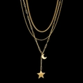 Chic multi-layer gold titanium steel necklace with star and moon charms on black background - Gold