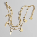 Double-layer 316L stainless steel gold bracelet with bear heart and feather charms - Cross Heart Bear Bracelet