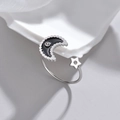 Titanium steel open ring with black enamel crescent moon and silver star pendant - Adjustable Open / Steel