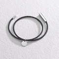Bracciale in pelle nera intrecciata con ciondolo tondo in acciaio inossidabile e chiusura - Nero (Fibbia Argentata)