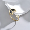 Minimalist moon and star open ring with black enamel finish and sparkling crystals - Adjustable Open / Gold