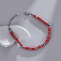 Unisex roestvrijstalen kralenarmband met rode cilindrische stenen met marmerpatroon - Rood