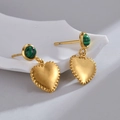 Detail of 18K gold butterfly earrings with green stones and matte heart pendants - Malachite Heart Pendant Earrings