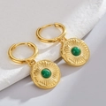 Detail of 18K gold butterfly earrings featuring green zircon stone and sunburst pattern - Green Gemstone Round Pendant Earrings