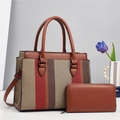 Two-piece vintage caramel tote bag with color-block stripes and matching long wallet - Burgundy