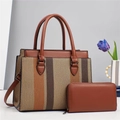 Two-piece textured tote bag and wallet set with brown vertical stripes and PU leather handles - Khaki