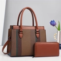 Detail view of woven brown tote bag with contrast stripes and matching long zip wallet - Khaki/Earth Yellow